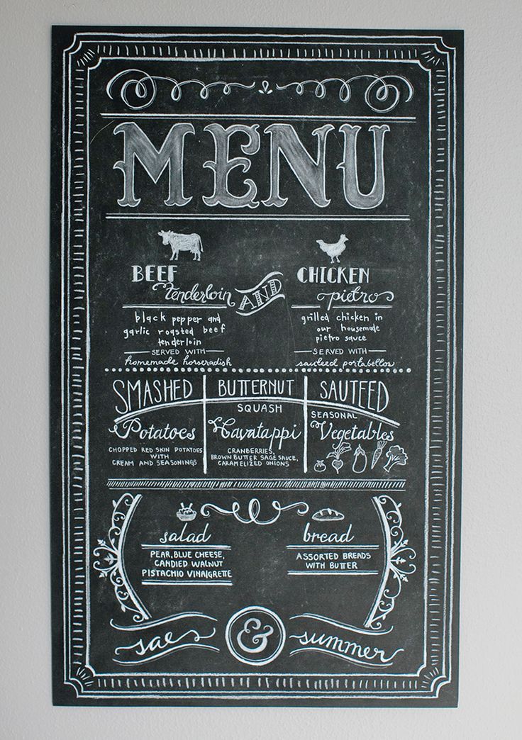 a chalkboard menu is hanging on the wall