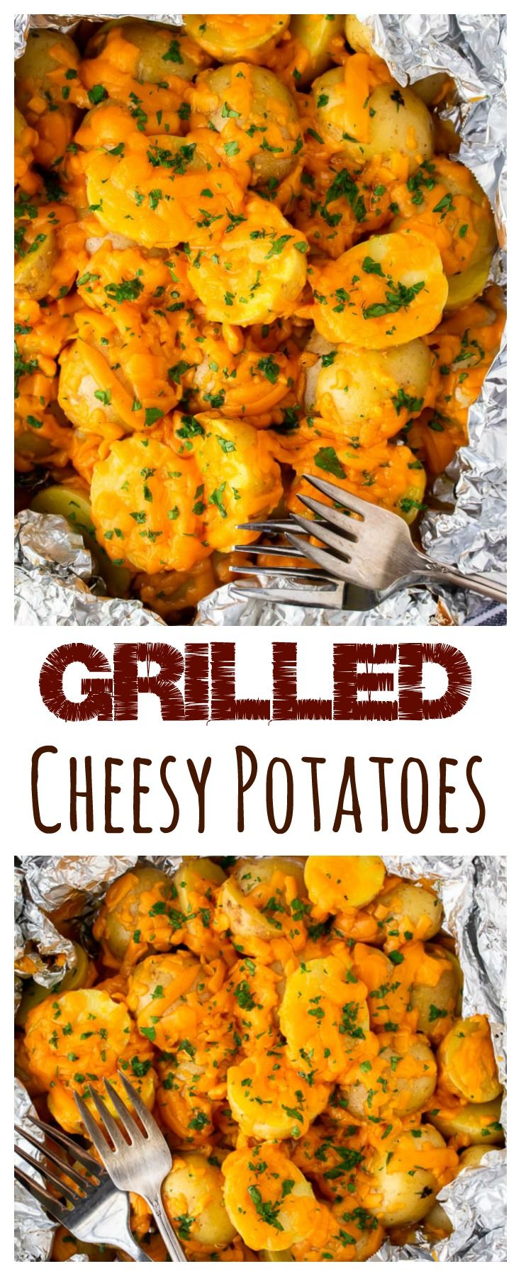 grilled cheesy potatoes with parsley on top and the title above reads grilled cheesy potatoes