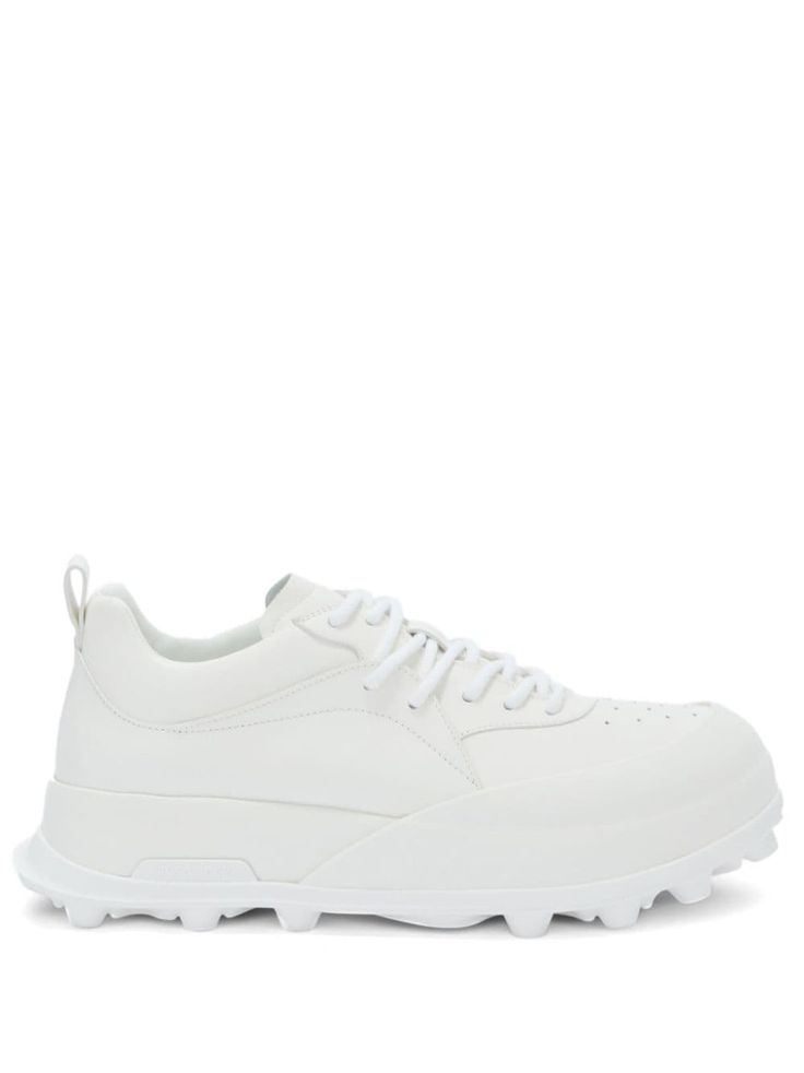 off-white calf leather multi-panel design embossed logo to the side rubber toecap pull-tab at the heel round toe front lace-up fastening chunky rubber sole Sporty Sneakers, Trench Jacket, Crossbody Tote Bag, Moon Boots, Blazer With Jeans, Sneaker Brands, Embossed Logo, Small Leather Goods, Jil Sander