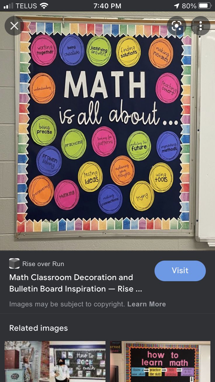 an image of a bulletin board on the wall with words and pictures above it that read, math is all about