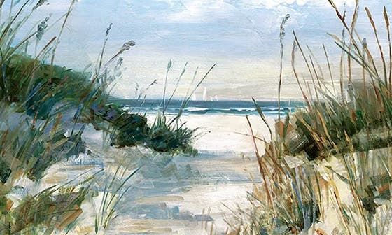 an oil painting of grass and sand on the beach