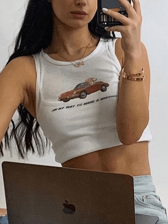 ⚡️Buy On My Way Ribbed Crop Tank Top White S under $15.00 in Tops&Tees Online. Style: Casual/Street/Y2K/Vintage/Sweet/Sexy. Pattern Type: Letter/Car. Fabric Content: Polyester, Spandex. Fit Type: Slim fit. Neckline: Crew Neck. Sleeve Length: Sleeveless. ✓Free Shipping on all orders over US$69. Y2k Tops Aesthetic, White Tank Top Outfits, Tank Tops Aesthetic, Cropped Tank Top Outfit, Car Fabric, Thrift Inspo, Look Festival, Street Y2k, Clothing Aesthetic