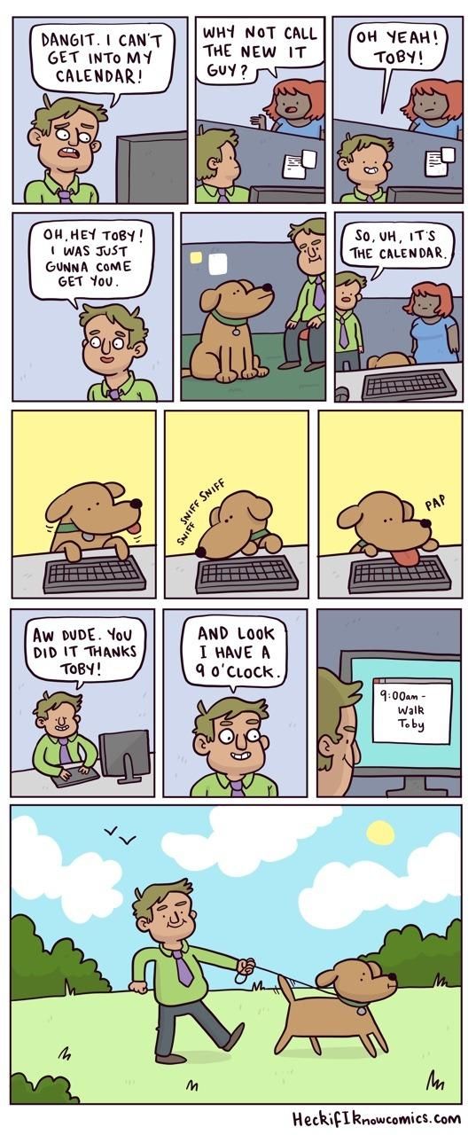 a comic strip with an image of a dog being pulled by a man on a laptop