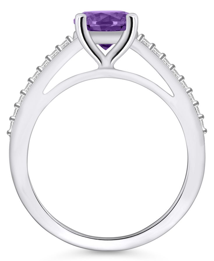 A beautiful 7mm round amethyst sparkles in this classic ring, with diamonds along the band to complete the look. Fine Jewelry Amethyst Diamond Ring With Prong Setting, Amethyst Diamond Ring With Prong Setting, Amethyst Ring With Diamond Accents, Round Cut, Fine Jewelry Diamond Amethyst Ring With Prong Setting, Fine Jewelry Amethyst Ring With Prong Setting, Purple Diamond Ring With Diamond Accents, Purple Diamond Ring With Vvs Clarity, Purple Diamond Ring With Accents, Round Cut, Purple Diamond Ring With Round Cut And Accents