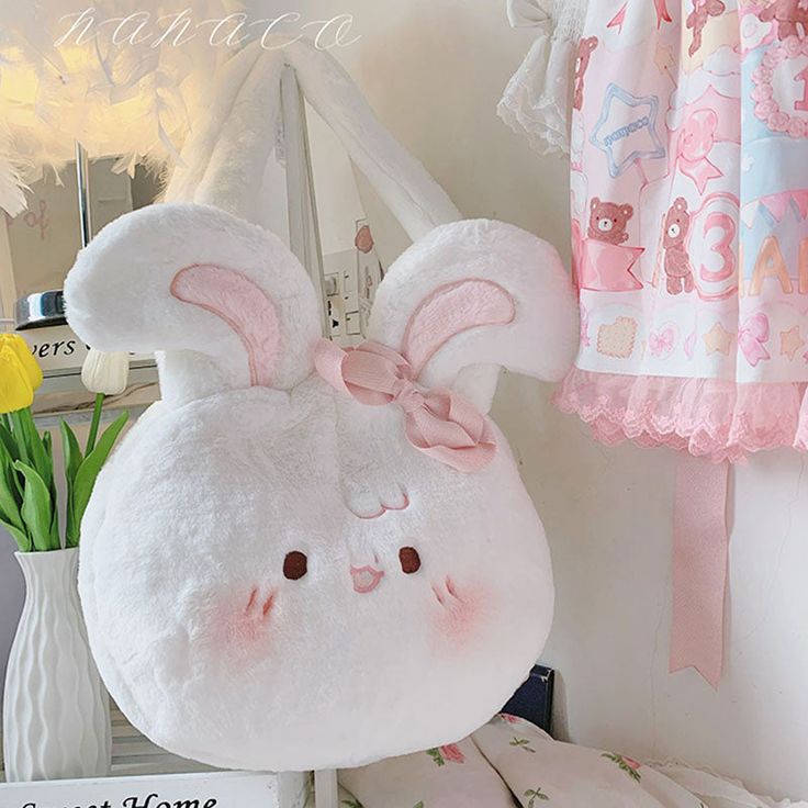 Product ID: JW5739 
 Material: Plush, Cotton 
 Color: White 
 Size: 12.20x10.63x2.56 inches (31x27x6.5 cm) www.ccovv.com Cute Shoulder Bag, Kawaii Bag, Kawaii Bags, Bunny Bags, Dumpling Bag, Japanese Harajuku, Bunny Face, Pink Cake, Rabbit Ears