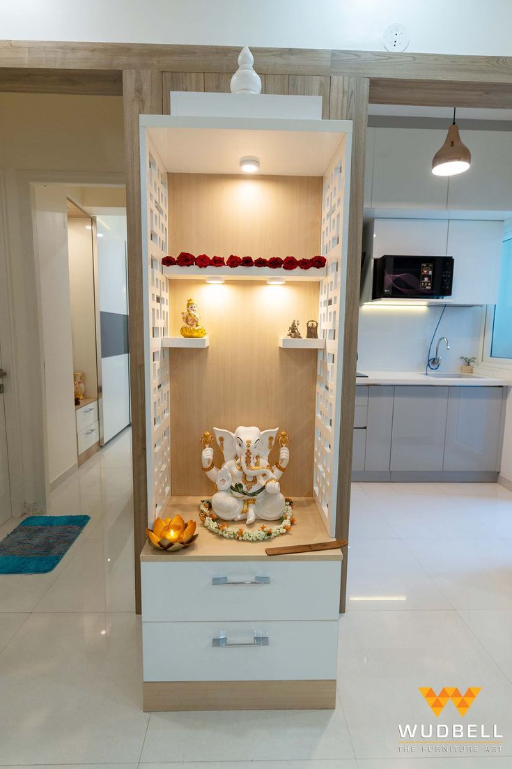 Modular CNC pooja unit Pooja Room In Kitchen, Wood Castle, Mandir Design, Modular Kitchens, Temple Design For Home, Living Room Tv Unit Designs, Pooja Room Door Design, Tv Room Design, Wardrobe Interior Design