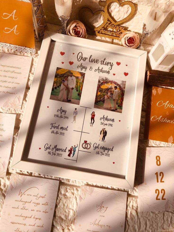 a couple's wedding info sheet is displayed on a table covered with cards and other items