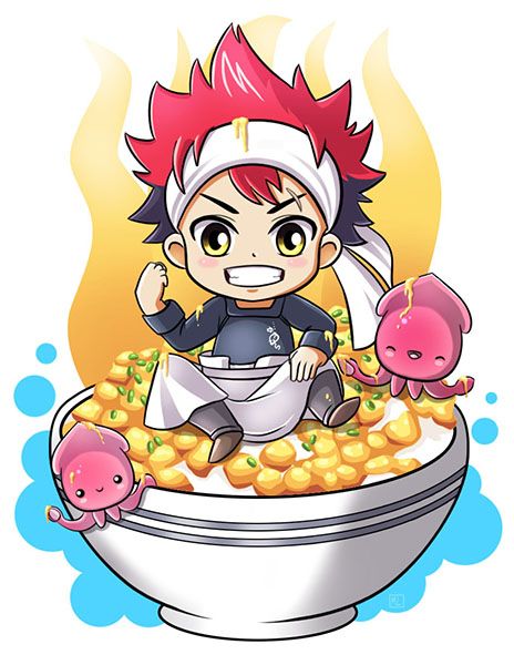 an anime character sitting on top of a bowl filled with cereal and other food items