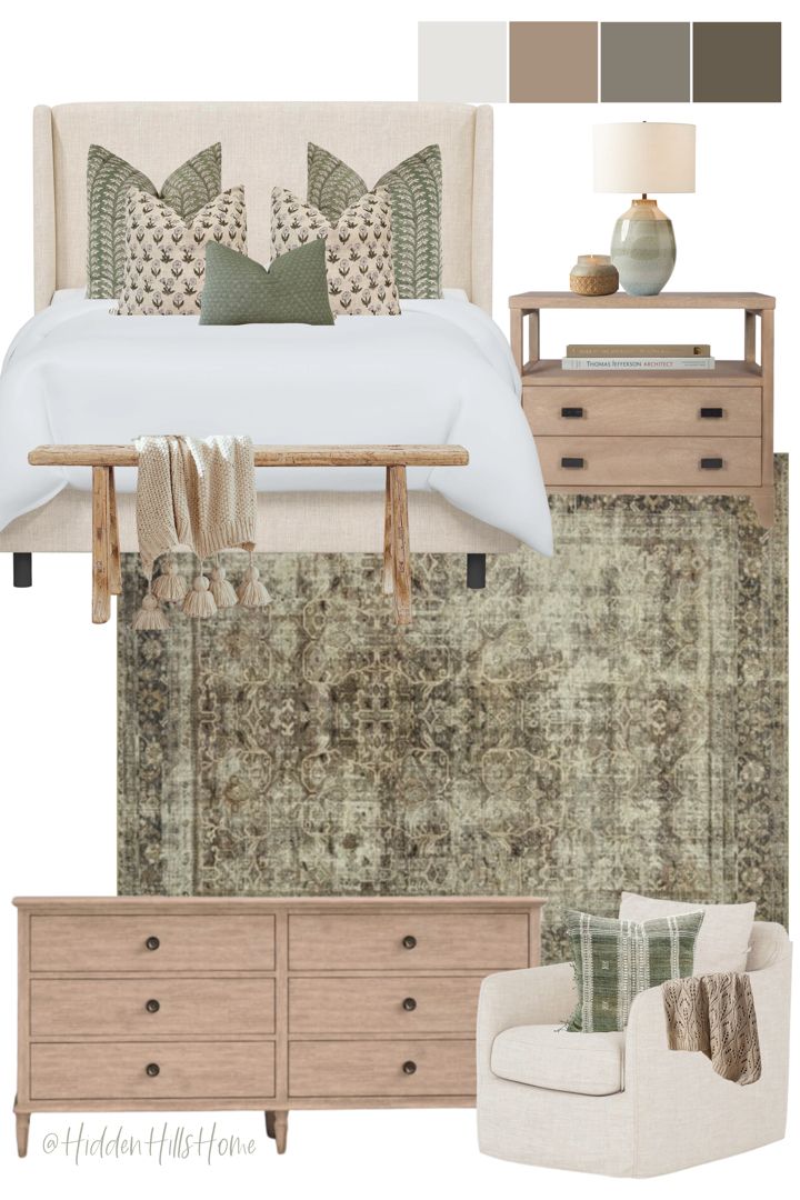 Primary bedroom decor mood board with cream and sage green colors! Cream upholstered bed with beige furniture accents Hanson Upholstered Bed, Green Bedding Bedroom, Marin Sofa, Bedroom Ideas Sage Green, Bedroom Ideas Sage, Green And Cream Bedroom, Cream Bedroom Decor, Tilly Upholstered Bed, Primary Bedroom Decor