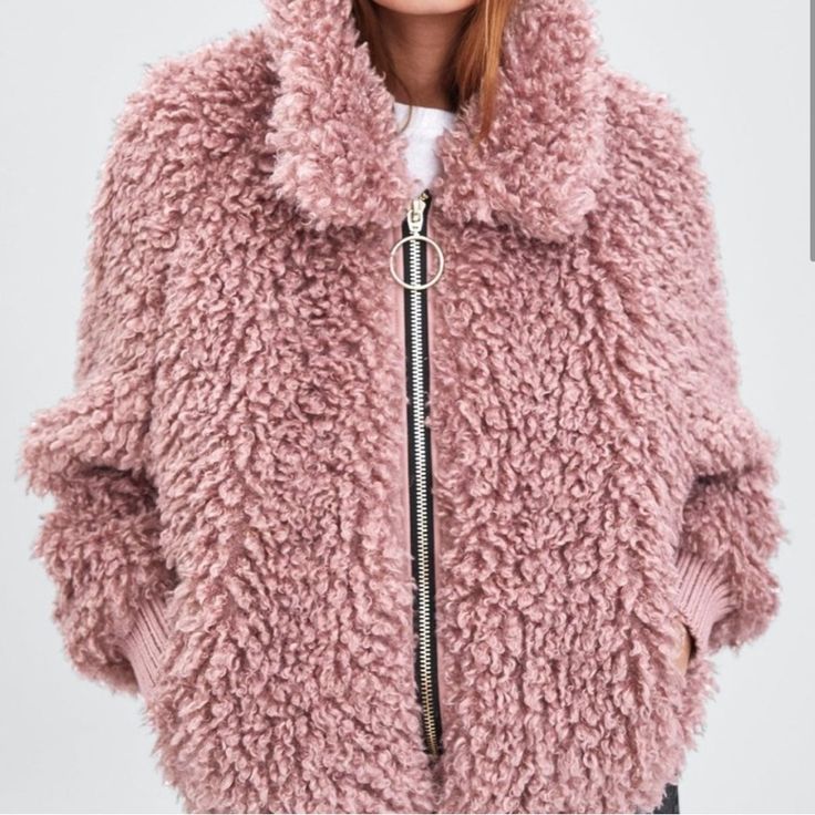 Nwt Zara Size Small Mauve Pink Fuzzy Shearling Bolger Jacket Fuzzy Collar Black And Silver Zipper Closure In Front. 2 Pockets (No Zippers) Gathered Hem And Gathered Wrists. Purple Faux Fur Outerwear For Fall, Purple Faux Fur Coat For Winter, Purple Long Sleeve Fur Coat With Faux Fur Trim, Pink Fluffy Winter Outerwear, Winter Purple Faux Fur Coat, Fluffy Pink Outerwear For Spring, Pink Fluffy Long Sleeve Outerwear, Fluffy Pink Spring Outerwear, Purple Faux Fur Winter Outerwear