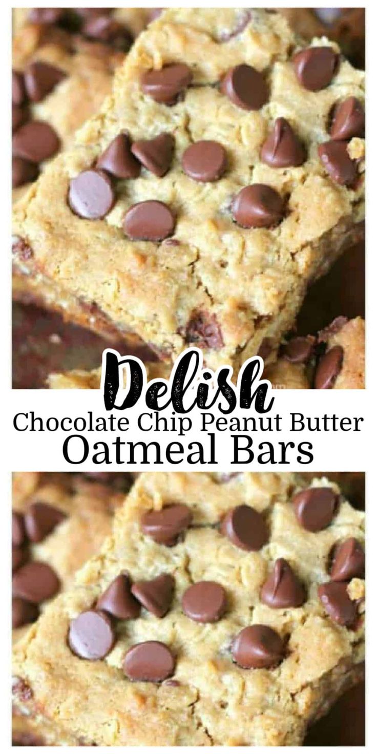 chocolate chip peanut butter oatmeal bars are stacked on top of each other