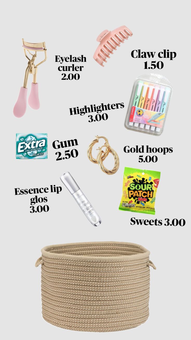 the contents of a basket are shown in this graphic above it is an image of various items