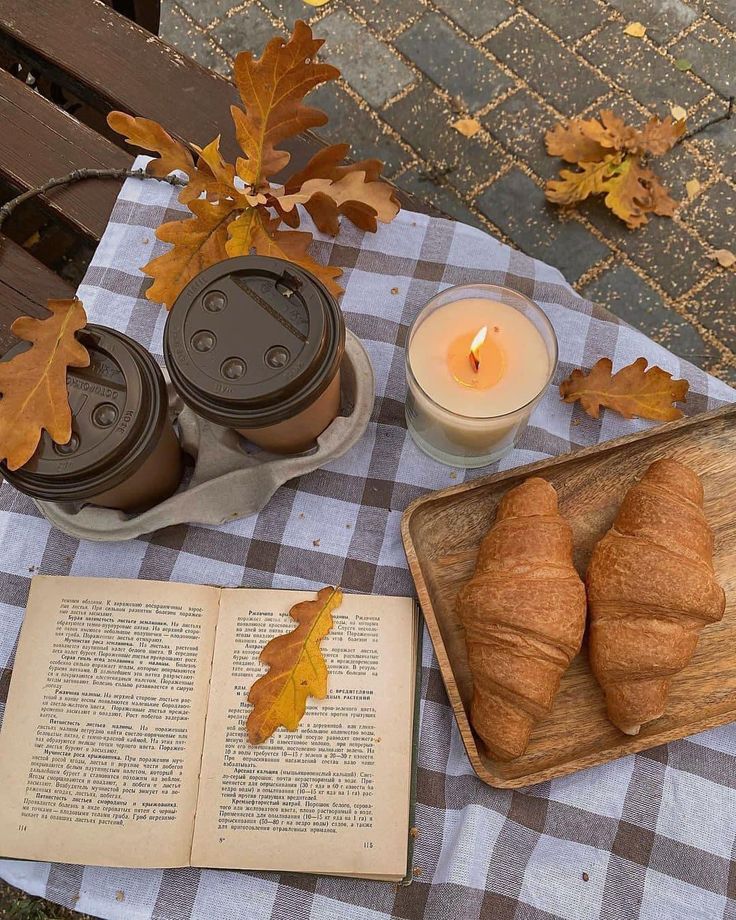 two croissants are sitting on a picnic table next to an open book