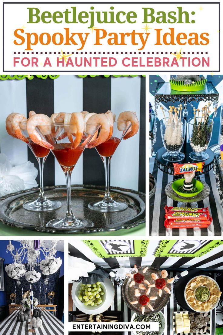 Beetlejuice Bash: Spooky Party Ideas For A Haunted Celebration | Beetlejuice Party Beetlejuice Date Night, Tim Burton Tea Party, Tim Burton Party Food, Tim Burton Dinner Party, Beetlejuice Themed Dinner, Beetlejuice Food Halloween Party, Beetle Juice Dinner Party, Beetlejuice Birthday Party Food, Beetlejuice Movie Night Food