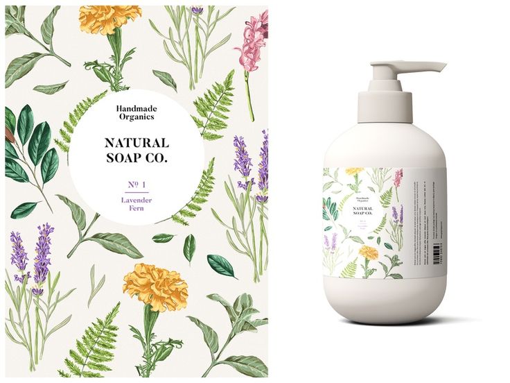 a bottle of hand soap next to a box with flowers on it and the label for natural soap co