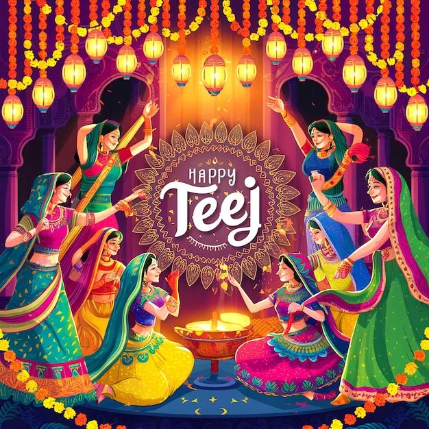 happy teej festival with women dancing around the fire