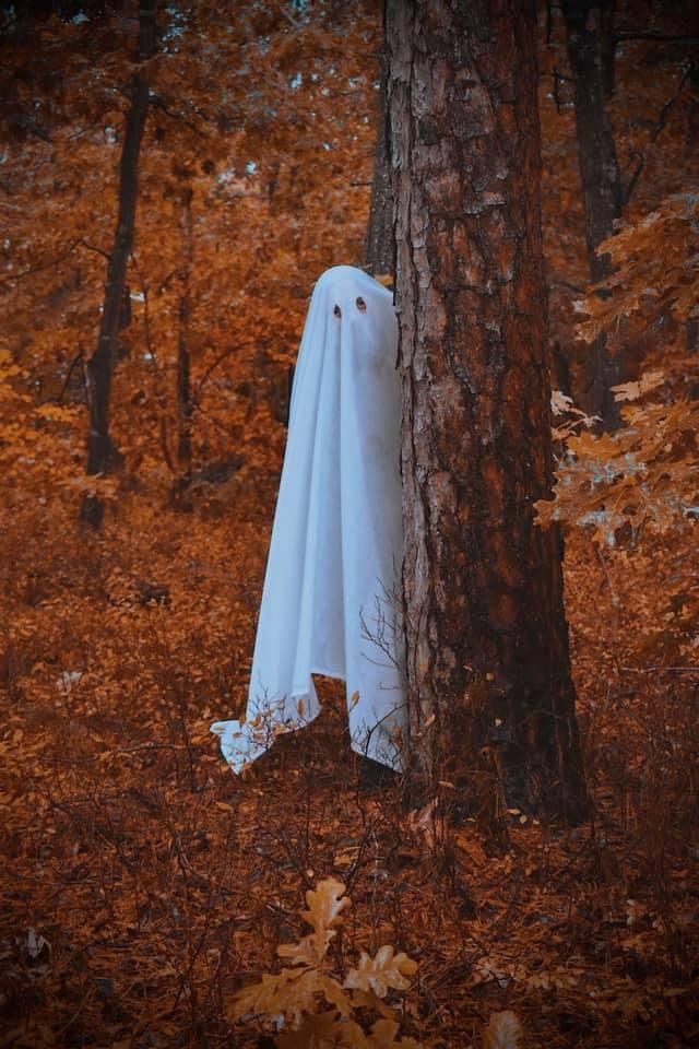 a ghostly ghost standing next to a tree in the woods