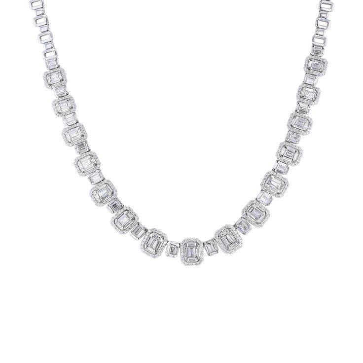 This exquisite Carlotta Diamond Necklace is the epitome of luxury. Its baguette cut and round brilliant diamonds, totaling 7 3/4 carats and crafted from 14 karat gold, form a stunning collar style that evokes the elegance of the opera. Indulge in this timeless and sophisticated piece, fit for the most discerning of tastes. Luxury Diamond Necklace With Baguette Diamonds, Luxury Diamond Necklace With Vvs Clarity And Emerald Cut, Diamond White Baguette Cut Diamond Necklace For Formal Occasions, Timeless Baguette Cut Diamond Necklace For Formal Occasions, Luxury Diamond Necklace With Baguette Cut, Formal Emerald Cut Diamond Necklace With Accents, Luxury Baguette Diamond Jewelry, Diamond White Emerald Cut Baguette Diamond Jewelry, Classic Diamond White Necklace With Baguette Diamonds