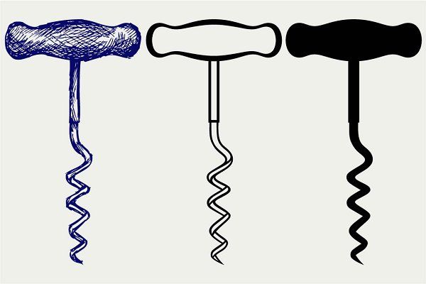 three different types of corkscrews hanging from the ceiling, one is black and white