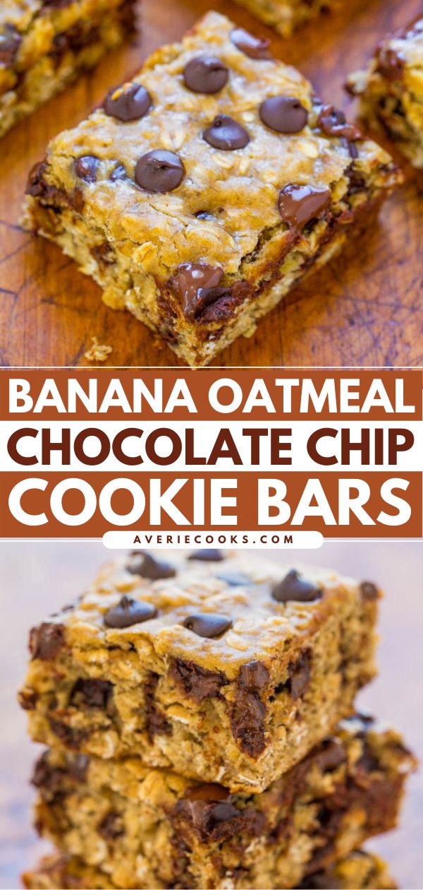 banana oatmeal chocolate chip cookie bars are stacked on top of each other