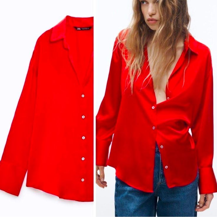 Red Zara Blouse Never Worn Red V-neck Shirt For Fall, Trendy Red Long Sleeve Blouse, Red Shirt For Spring Party, Red Party Shirt For Spring, Trendy Red Collared Top, Red Button-up Party Blouse, Red Button-up Blouse For Party, Red Trendy Button-up Tops, Trendy Red Button-up Tops