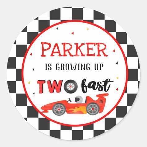 a round sticker with the words parker is growing up two fast in red and black