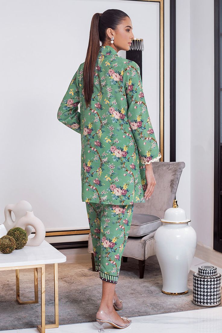 Casual Cotton Pant Set With Floral Print, Spring Floral Print Cotton Pant Set, Green Floral Print Pant Set For Spring, Floral Print Straight Kurta Pant Set For Eid, Spring Floral Print Long Sleeve Lawn Suit, Green Long Sleeve Daywear Sets, Casual Salwar Kameez With Dabka, Casual Eid Sets With Floral Embroidery, Casual Dabka Sets For Eid