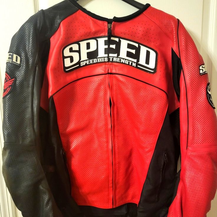 Leather Riding Jacket In Excellent Condition. All Padding Still In And No Marks Or Blemishes Red Biker Outerwear For Biker Events, Red Biker Outerwear For Events, Red Long Sleeve Outerwear For Biker Events, Racing Style Long Sleeve Biker Jacket For Motorcycling, Racing Biker Jacket With Long Sleeves For Motorcycling, Long Sleeve Racing Biker Jacket For Motorcycling, Red Long Sleeve Moto Outerwear, Red Moto Outerwear For Streetwear, Black Racing Outerwear For Sports