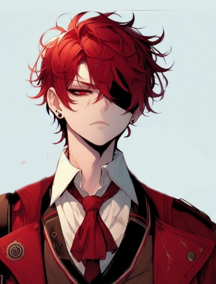 an anime character with red hair wearing a red jacket and tie, looking to his left