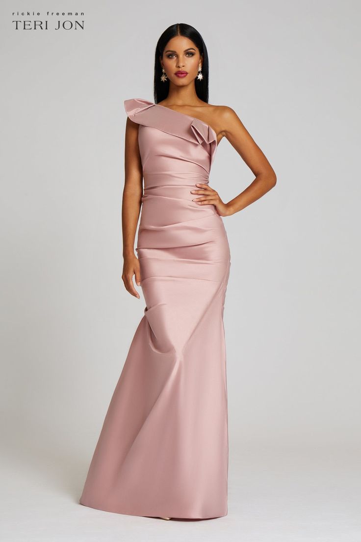 One Shoulder Pleat Draped Stretch Taffeta Gown Taffeta Gown, Mob Dress, Gown Ideas, Mother Of The Bride Dresses Long, Mother Of Bride Outfits, Black Tie Party, Ruffle Gown, Pleated Drapes, Teri Jon