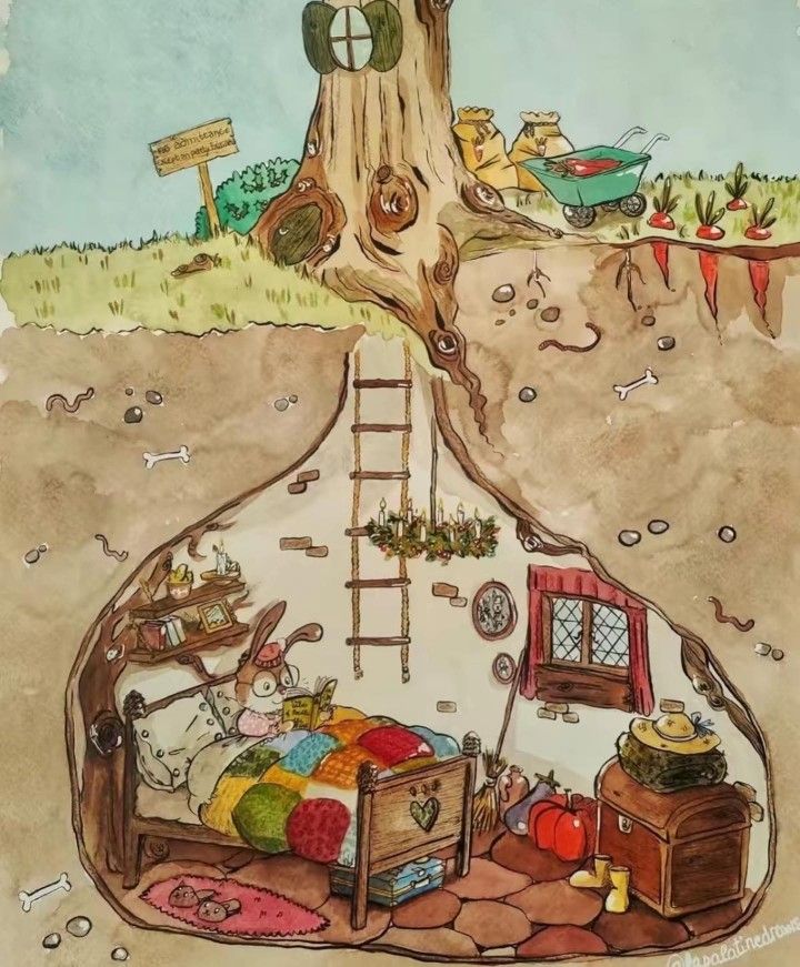 a drawing of a bed in the middle of a dirt field with a tree trunk