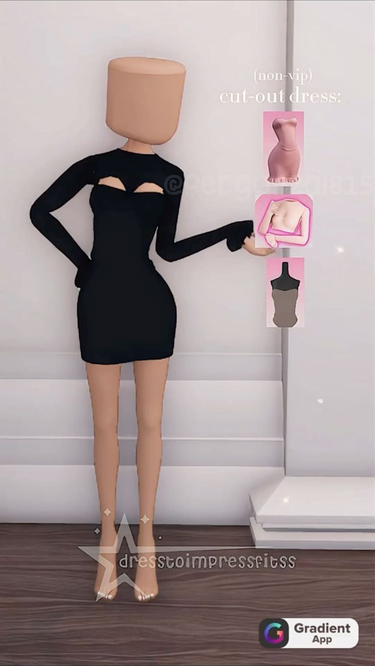 a woman in a black dress standing next to a pink box with an object on it