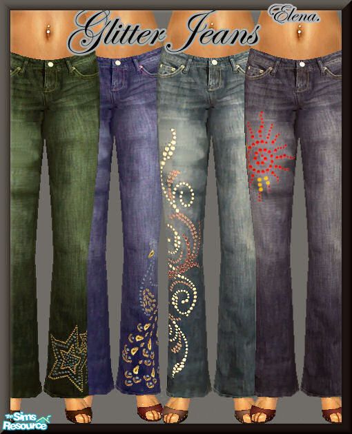 four pairs of jeans with different colors and designs on the side, all in different sizes