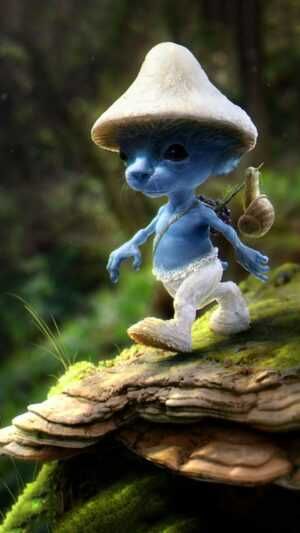 a little blue man with a mushroom hat is standing on a mossy log