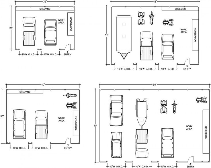 three car garage plans are shown in black and white, with the floor plan below