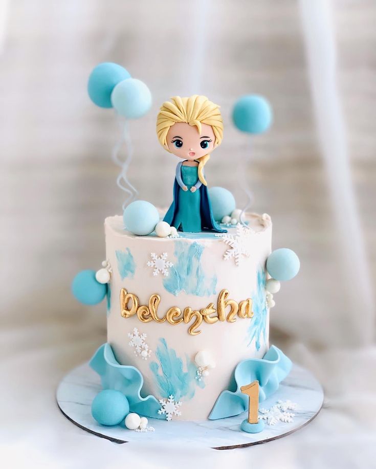 a frozen princess themed birthday cake on a plate with blue and white balloons in the background