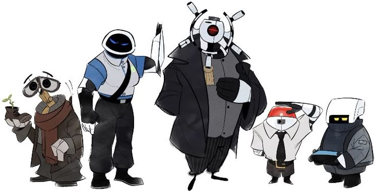 several cartoon characters dressed up in suits and ties, one holding a knife to his head