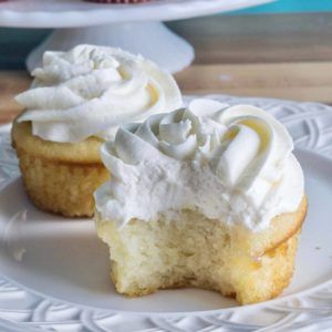 two cupcakes with white frosting on a plate