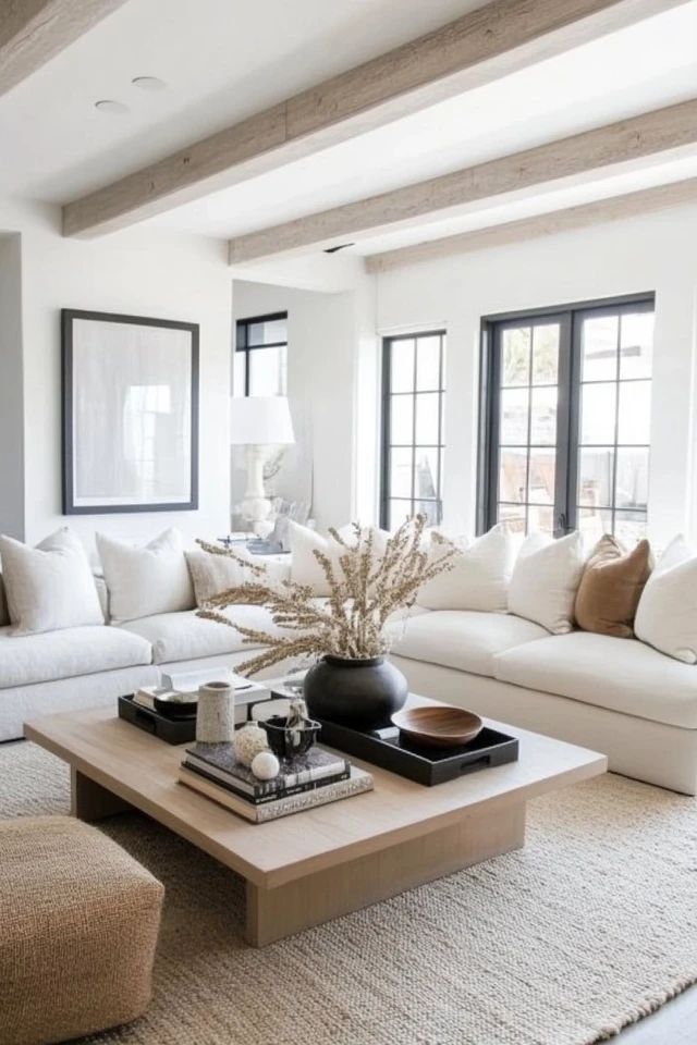 a living room filled with white furniture and lots of windows