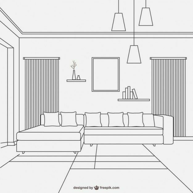 a line drawing of a living room with couches, lamps and pictures on the wall