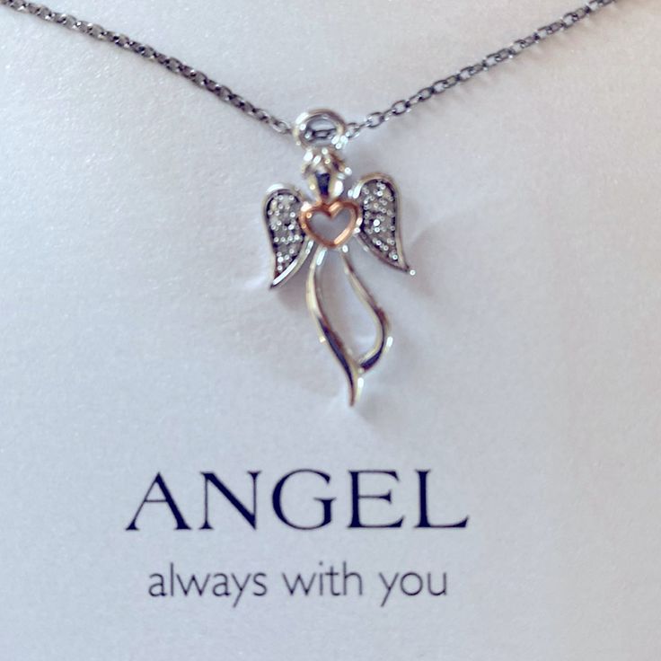 Great Christmas Gift!!! Angel Always With You 14 Carat Gold Plated Sterling Silver Angel Necklace With Genuine Diamond Accents And Rose Gold Heart. 18” Adjustable Chain Brand New In Box! Silver Jewelry Christmas Gift For Her, Silver Necklaces For Anniversary Gift, Silver Sterling Silver Jewelry For Birthday Gift, Silver Charm Necklaces For Gifting, Silver Jewelry For Valentine's Day Birthday Gift, Nickel-free Silver Jewelry Gift, White Sterling Silver Necklace For Gifts, Silver Charm Necklace As A Gift For Mom, Sterling Silver Necklace Gift For Her