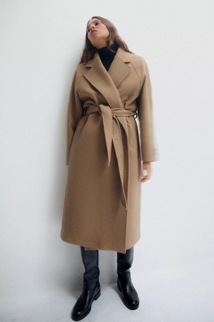 LONG BELTED WOOL BLEND COAT - taupe brown | ZARA United States Wool Blend Coat Zara, Zara Belted Wool Blend Coat, Lapel Coat · Zara ·, Zara Herringbone Coat, Zara Suede Coat, Zara Wool Coat, Cargo Shirts, Trench Jacket, Cardigan Sweater Dress