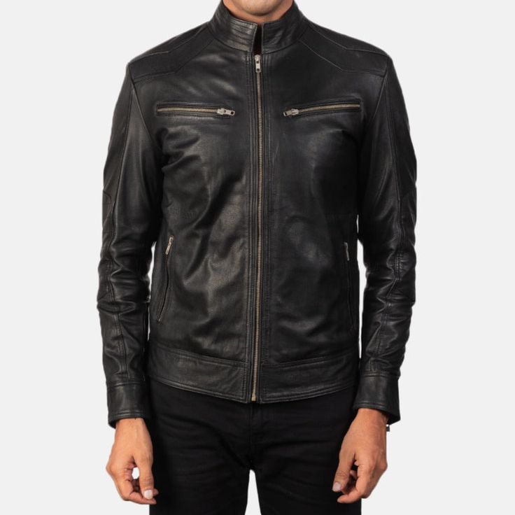 This black leather jacket combines bold, edgy style with modern functionality. This classic biker jacket is made of fine-quality top-grain leather, a versatile outerwear piece for fall and winter looks. This elegant biker-style jacket can easily be worn on casual and semi-formal occasions. This tailored-fit Biker leather jacket has an edgy, bold, fitted silhouette. It has four outside zipper pockets, two on the chest and two above the waist, making it elegant and versatile outerwear for your fal Leather Jacket For Men, Biker Leather Jacket, Black Leather Biker Jacket, Black Order, Stunning Style, Lambskin Leather Jacket, Leather Finish, Edgy Style, Biker Leather