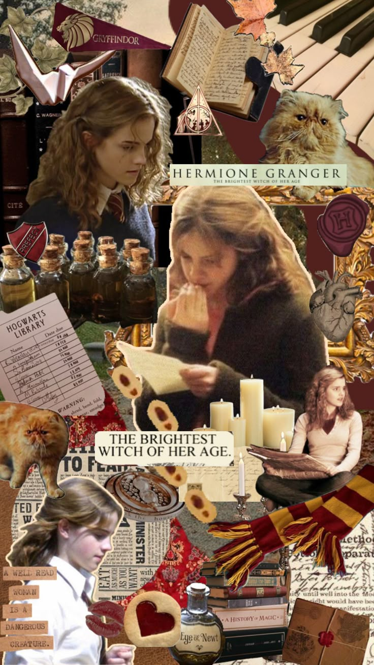 collage of images from harry potter and her book, which includes pictures of books