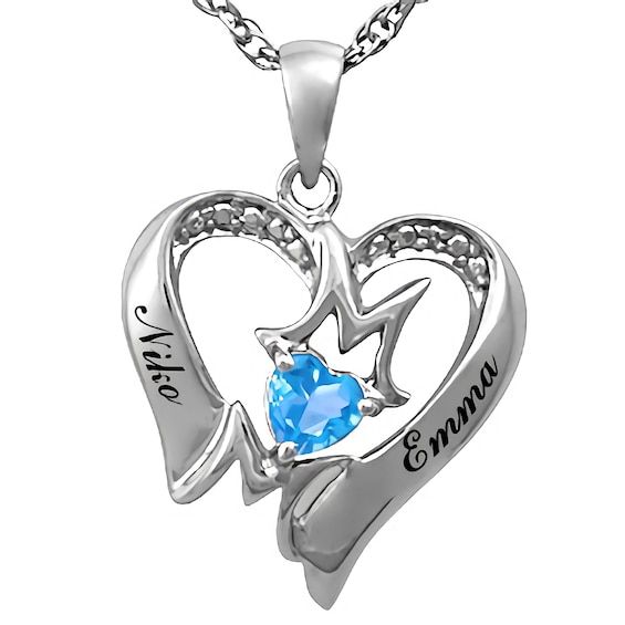 'Mom' will certainly feel the love with this memorable heart necklace for her. A lovely heart surrounds 'Mom' while a stylish heart-shaped stone of your choice completes the affectionate appeal. The diamond accents complete the look. Double Heart Necklace For Mother's Day Memorial, Heart Cut Birthstone Jewelry For Keepsake, Keepsake Heart Cut Birthstone Jewelry, Memorial Mother's Day Double Heart Necklace, Open Heart Necklace With Birthstone For Keepsake, Heart Cut Birthstone Necklace For Keepsake, Sterling Silver Heart Charm Birthstone Necklace, Sterling Silver Heart Birthstone Necklace, Mother's Day Keepsake Heart Cut Jewelry