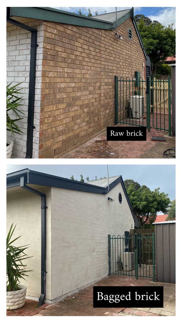 before and after pictures of a brick wall with metal gated entrance, fenced back