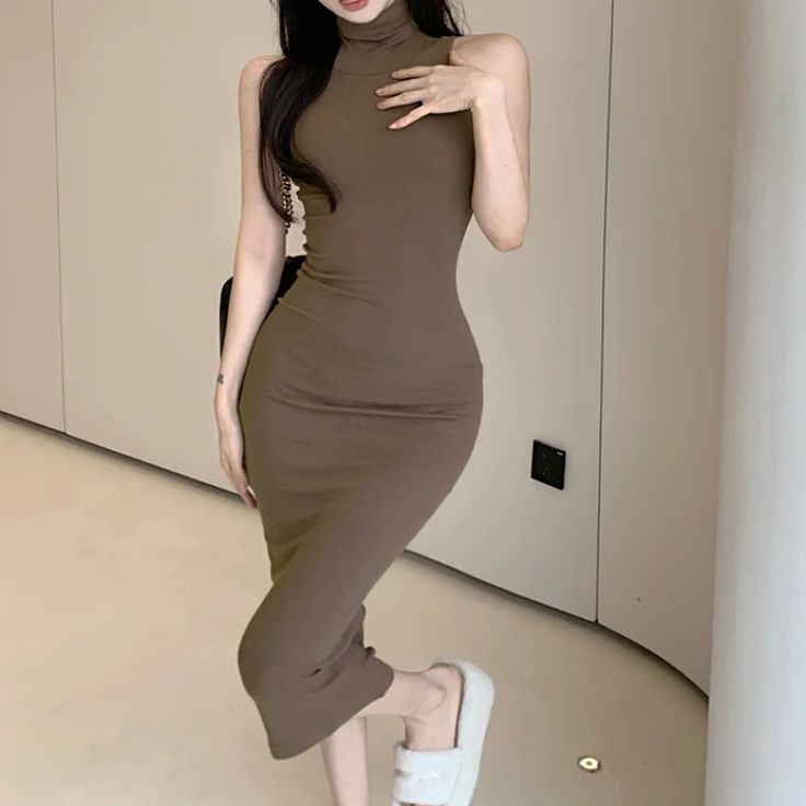 45174571925721 Fitted Sleeveless Mini Dress In Solid Color, Trendy Fitted Midi Length Sleeveless Dress, Casual Brown Stretch Bodycon Dress, Trendy Brown Stretch Bodycon Dress, Brown Stretch Halter Neck Dress, Stretch Brown Halter Neck Dress, Trendy Brown Stretch Dresses, Sleeveless Brown Bodycon Dress For Night Out, Fitted Brown Sleeveless Mini Dress