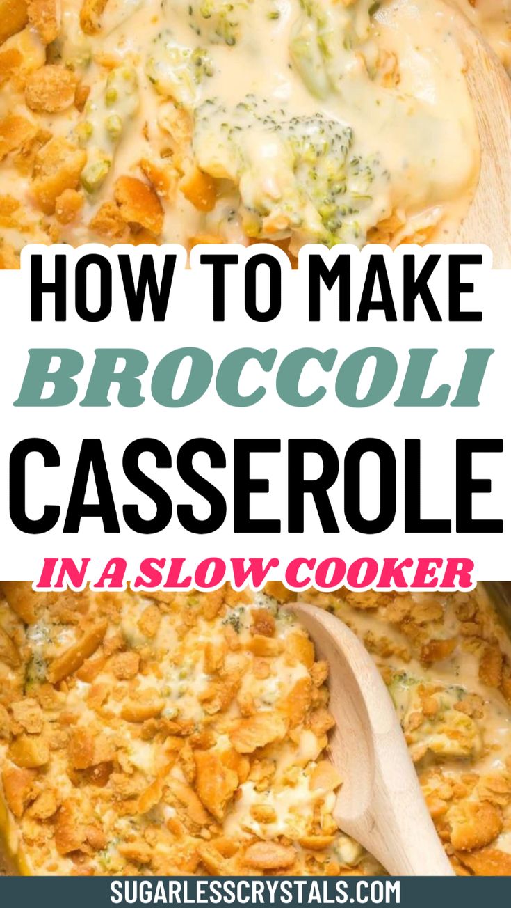 broccoli casserole in a slow cooker with text overlay