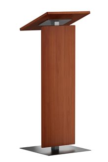 a wooden podium with a metal base