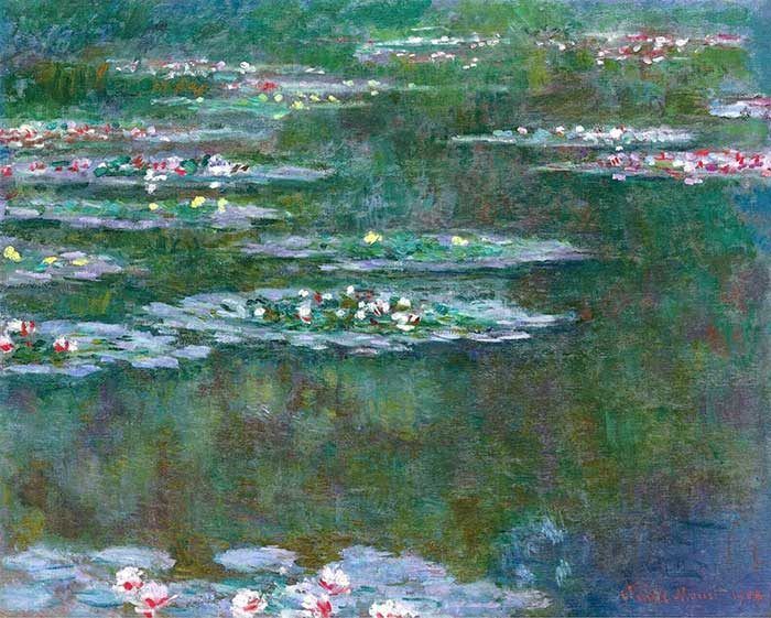 an oil painting of water lillies in a pond